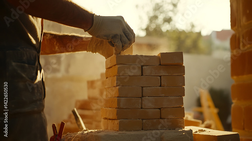 Obraz na płótnie Bricklayer Stacking Bricks at Construction Site w salonie