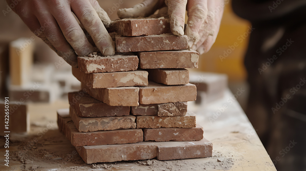 Hands Stacking Red Bricks in a Workshop