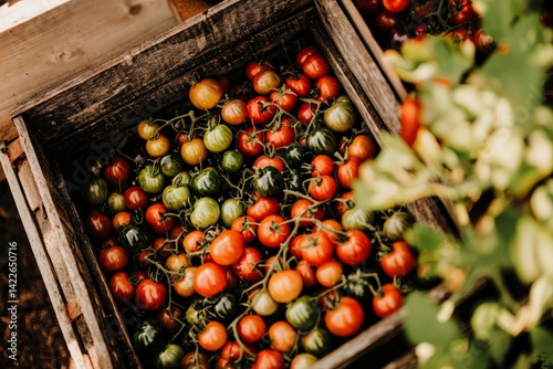Top Down View of a Wooden Crate Filled with Heirloom Tomatoes