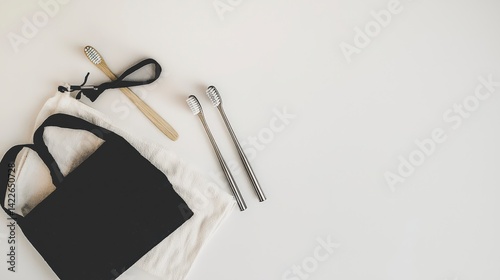Eco-Friendly Products on Table: Bamboo Toothbrush and Metal Straw