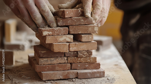 Obraz na płótnie Hands Stacking Red Bricks in a Workshop w salonie