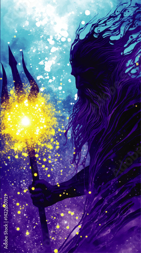 Vector illustration of mythical sea god Poseidon holding glowing trident underwater fantasy art surreal magical cosmic blue purple yellow vibrant digital artwork style