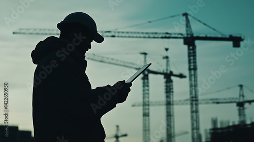Silhouette of a Construction Worker Using a Tablet