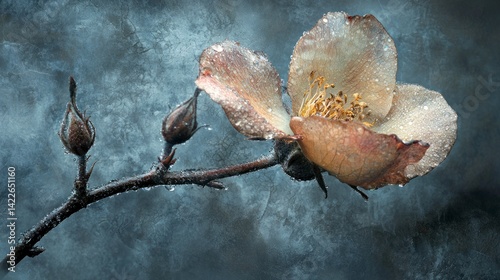 Realistic Handmade Greeting Card Photography with Flower and Dew Drops Set in Serene Background