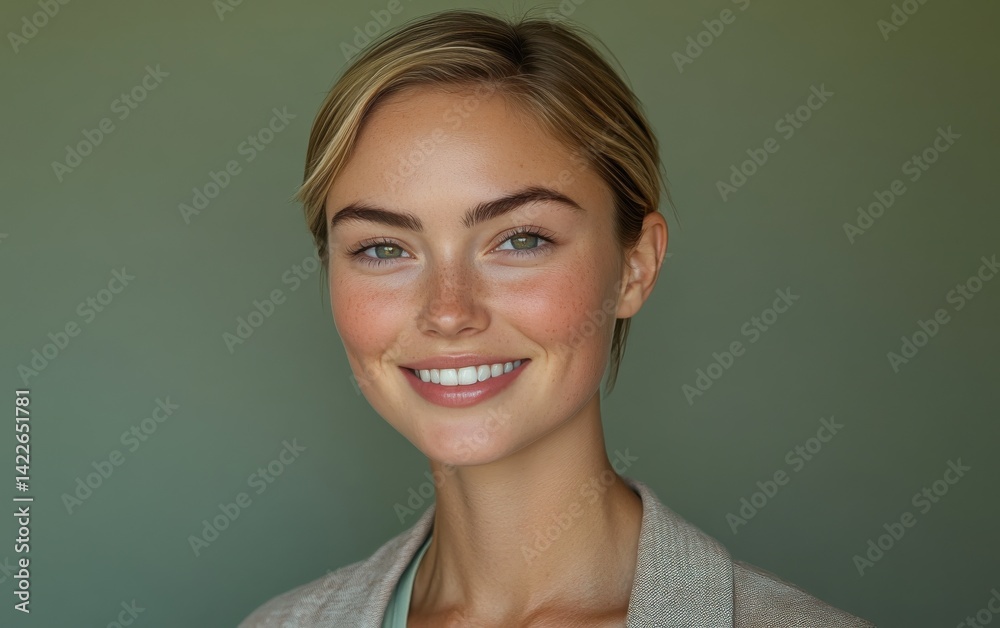 Fototapeta premium A woman with a smile on her face is wearing a white jacket