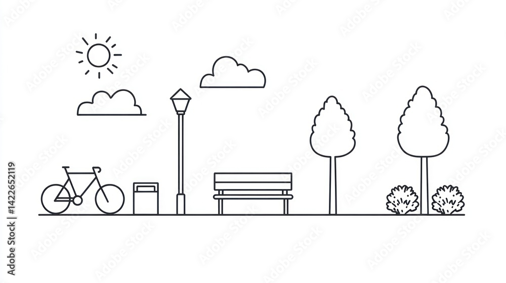 Naklejka premium Park scene bike, bench, trees, sunny day; illustration