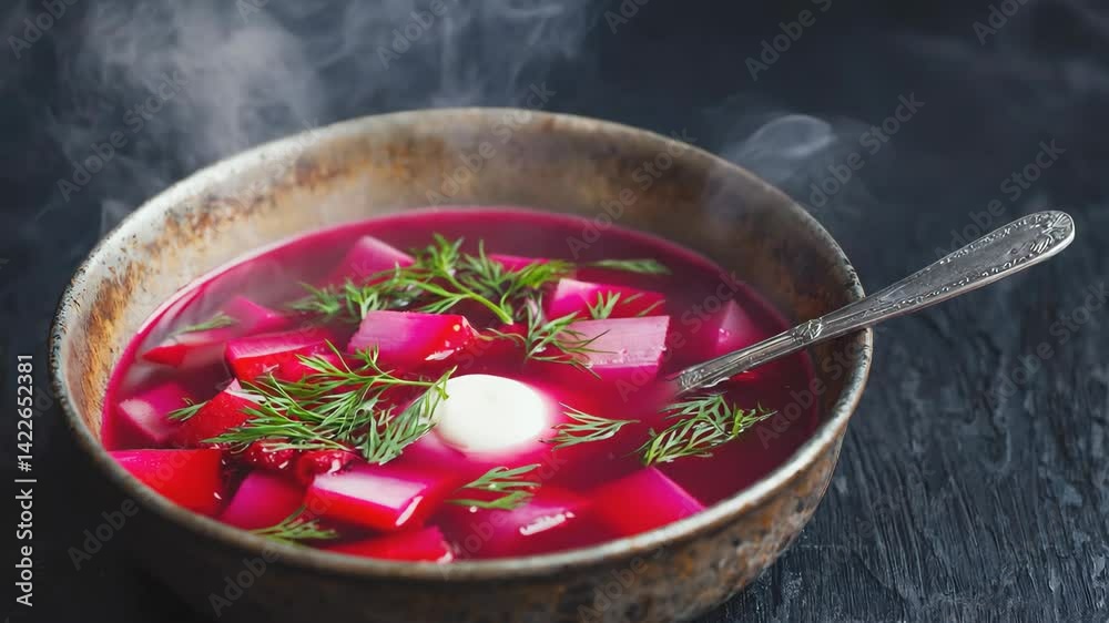 Steaming bowl with vibrant beetroot soup garnished with dill and cream, placed on a rustic dark wooden surface