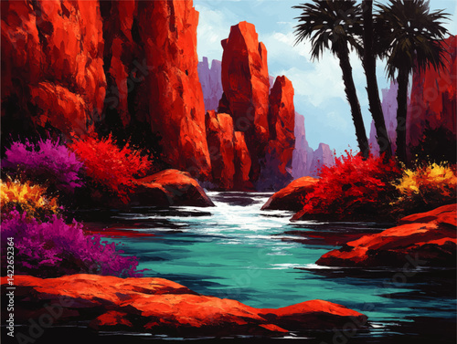 Stunning colorful desert canyon vector landscape with vibrant turquoise river towering red cliffs rich blooming bushes and tropical palm trees digital nature illustration