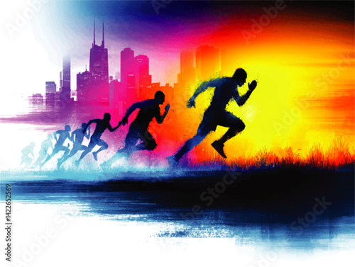 Vivid Creative Vector Illustration of Runners Sprinting Race Fitness Marathon with Colorful City Skyline Background Silhouette Active Sports Competition Concept Design