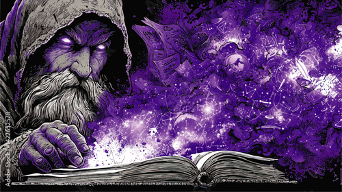 Mystic Wizard with Glowing Eyes Casting Cosmic Spell from Ancient Magic Book Surrounded by Mystical Purple Energy Constellations and Mysterious Celestial Symbols Art