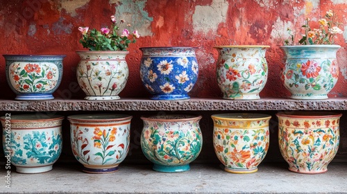 Hand-Painted Flower Pots Displayed on a Rustic Shelf Against a Vibrant Background in Realistic Photography