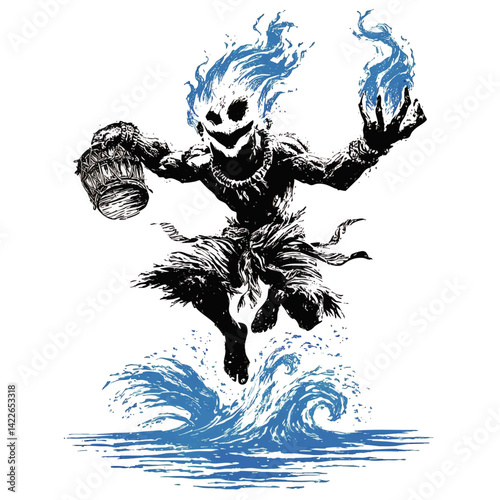 Powerful Tribal Shaman Spirit Vector Illustration with Blue Flames and Dynamic Waves Fantasy Mystical Tattoo Style Art for Gaming Designs Myths and Magic Themes Graphics