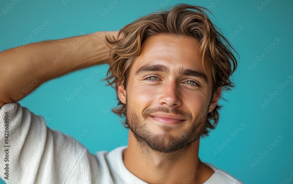 Fototapeta premium A man with a beard and short hair is smiling and posing for a picture