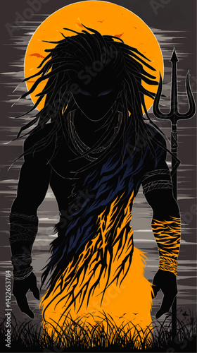 Mystical Dark Warrior Silhouette with Fiery Orange Moon Background Holding Trident Detailed Vector Illustration for Mythology Art Fantasy Poster and Tribal Tattoo Ideas