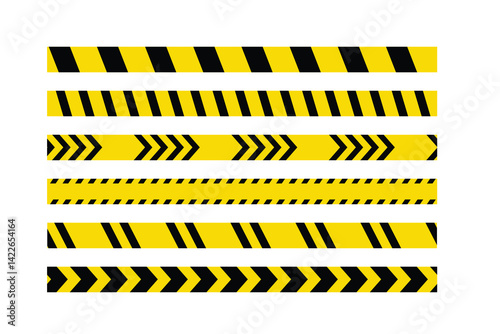 warning tapes in yellow and black. An industrial safety warning tape set, designed for industrial safety, roadwork, construction, and hazard zones. Caution tape set of yellow warning ribbons