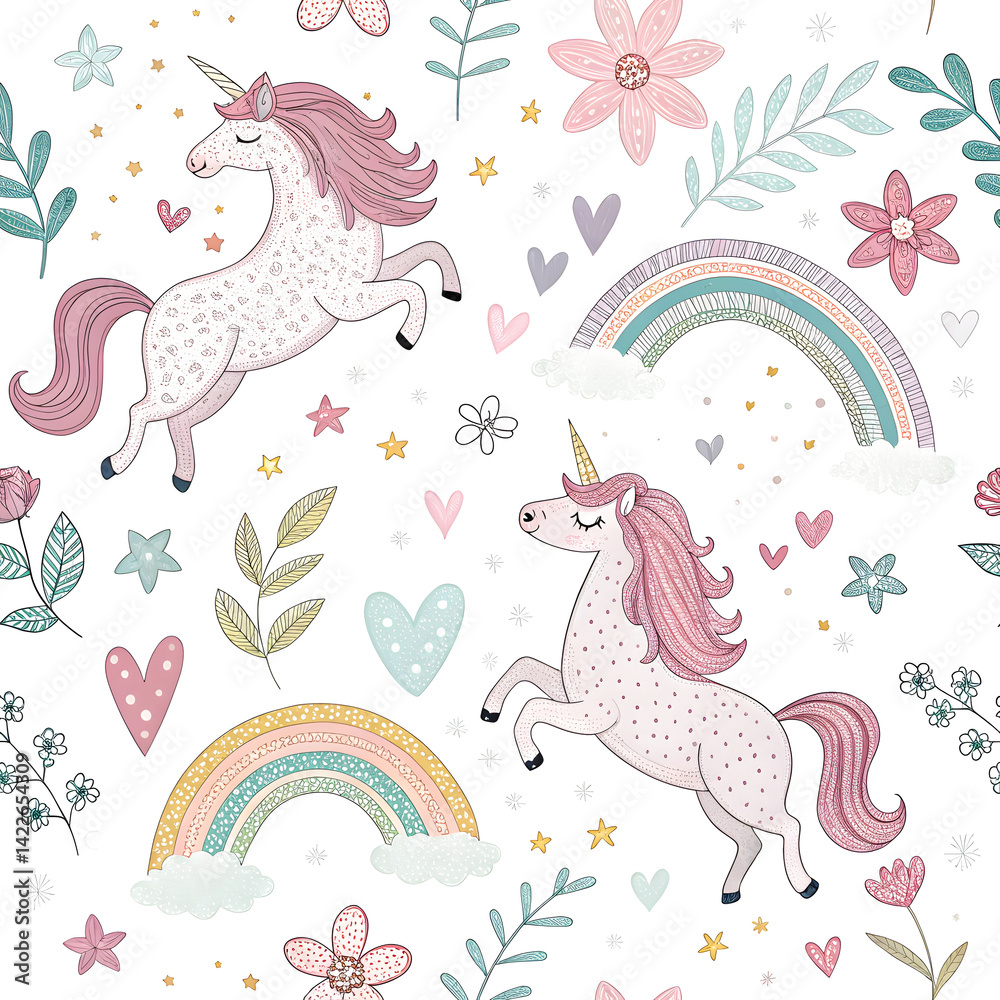Obraz premium Whimsical Unicorns Prancing Amidst Rainbows and Flowers