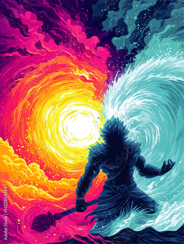 Vibrant Fantasy Vector Illustration of Elemental Warrior Controlling Fire and Water Elements Mystic Spiritual Silhouette with Magical Cosmic Energy Swirls Background