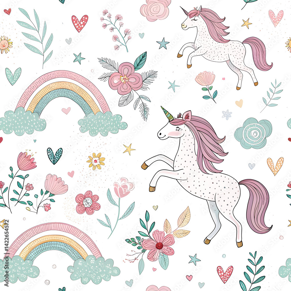 Fototapeta premium Whimsical Unicorns with Pastel Rainbows and Flowers