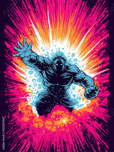 Dynamic Comic Style Vector Illustration Powerful Superhero Bursting Energy Explosion Vibrant Colors Intense Action Scene Graphic Novel Concept Heroic Fantasy Design