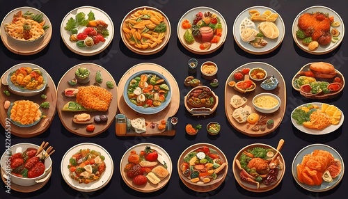 An overhead shot of various plates of food arranged on a dark background
