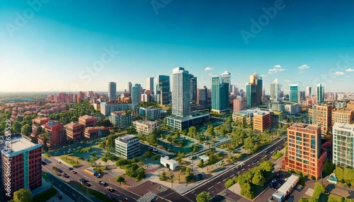 Aerial view of a city skyline with tall buildings and green trees under blue sky