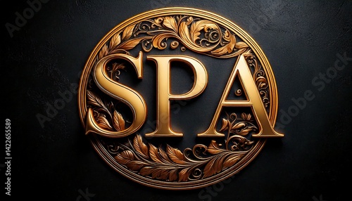 Golden spa logo with floral ornaments on a dark background in a circle shape