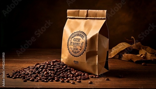 A brown paper bag of coffee beans sits on a wooden table in soft lighting