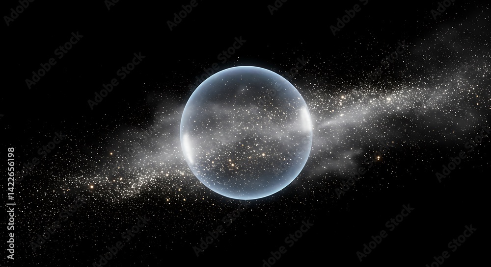 Obraz premium a transparent holographic sphere floating in space, surrounded by soft, glowing particles. The sphere is delicate and reflective, with a smooth, minimal design