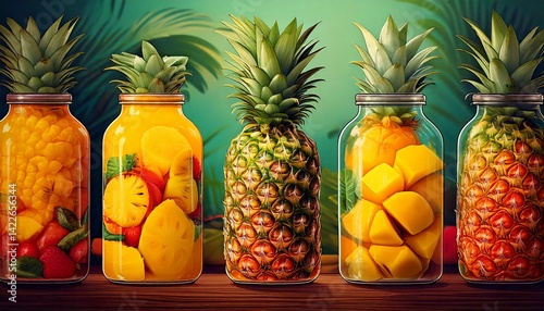 Assorted pineapples and fruit pieces preserved in glass jars on a wooden table