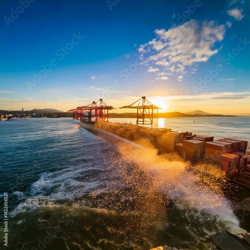 Cranes and shipping containers at a port during a vibrant sunset at the sea