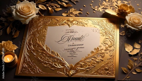 Ornate gold frame with calligraphy text and floral decorations around it