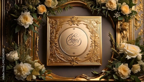 Ornate golden frame with calligraphy surrounded by flowers and greenery decor