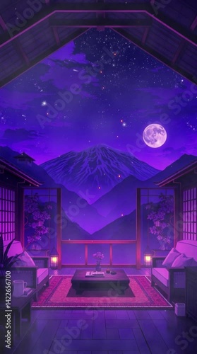 Serene night view from a traditional Japanese room overlooking a majestic mountain under a starry sky