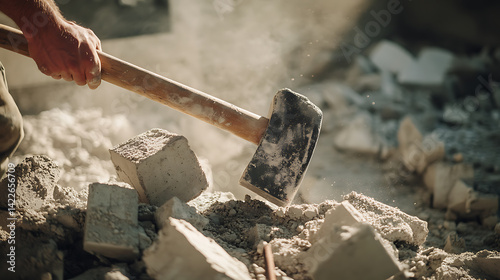 Construction Worker Using Sledgehammer to Break Concrete Blocks