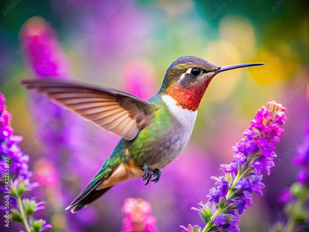 Fototapeta premium Hummingbird Portrait Purple Flowers AI Art, Beautiful Bird, Nature Photography
