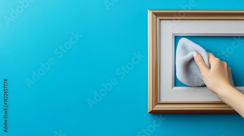 Hand dusting picture frame with a soft microfiber cloth blue background