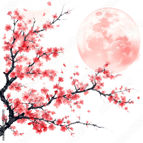Pink Cherry Blossoms Under a Pink Moon Watercolor Painting