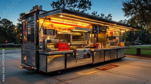 Realistic Mobile Kitchen Food Truck in Evening Lighting with Outdoor Setting