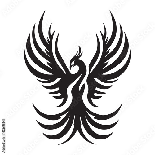 Phoenix bird silhouette design with elegant wings spread, Bold phoenix silhouette, Minimalist phoenix bird, Elegant phoenix silhouette, phoenix