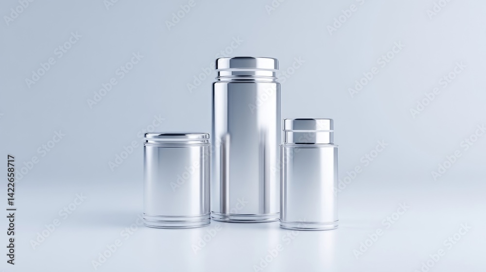 Modern, metallic, insulated containers, various sizes Modern, metallic, insulated containers, various sizes