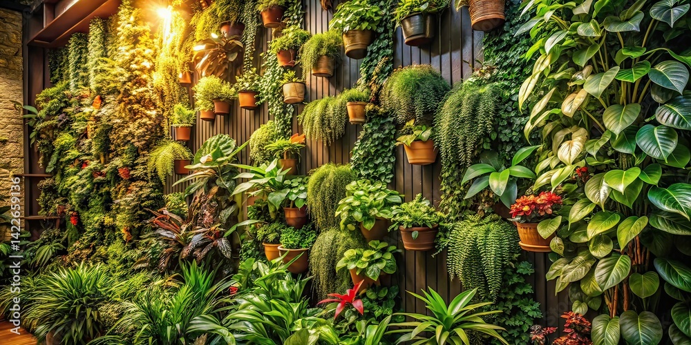Fototapeta premium Indoor Vertical Garden Vintage Photo, Urban Jungle, Botanical Still Life, Retro Photography