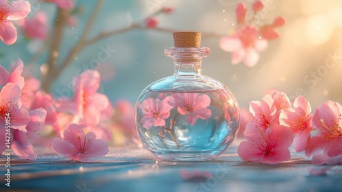 Delicate Floral Essence Bottle Surrounded by Cherry Blossoms in Soft Natural Light