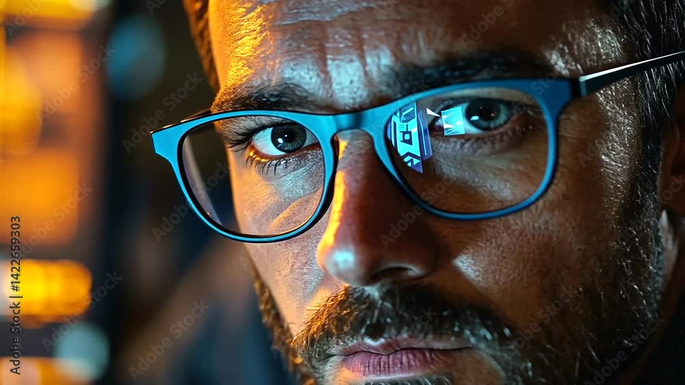 Focused Man, Office Night, Data Screen, Serious Focused Man, Office Night, Data Screen, Serious