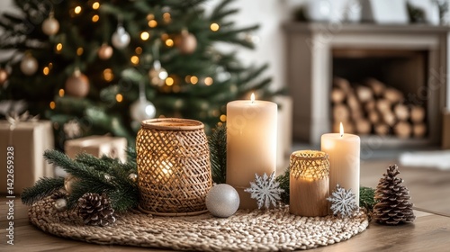 Wallpaper Mural Christmas Decor: Candles, Evergreen, and Christmas Tree, Creating a Festive Atmosphere in a Cozy Home Torontodigital.ca