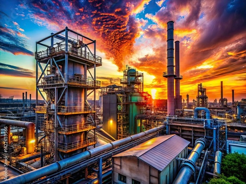 Industrial Sunset Digital Overlays Low Light AI Art