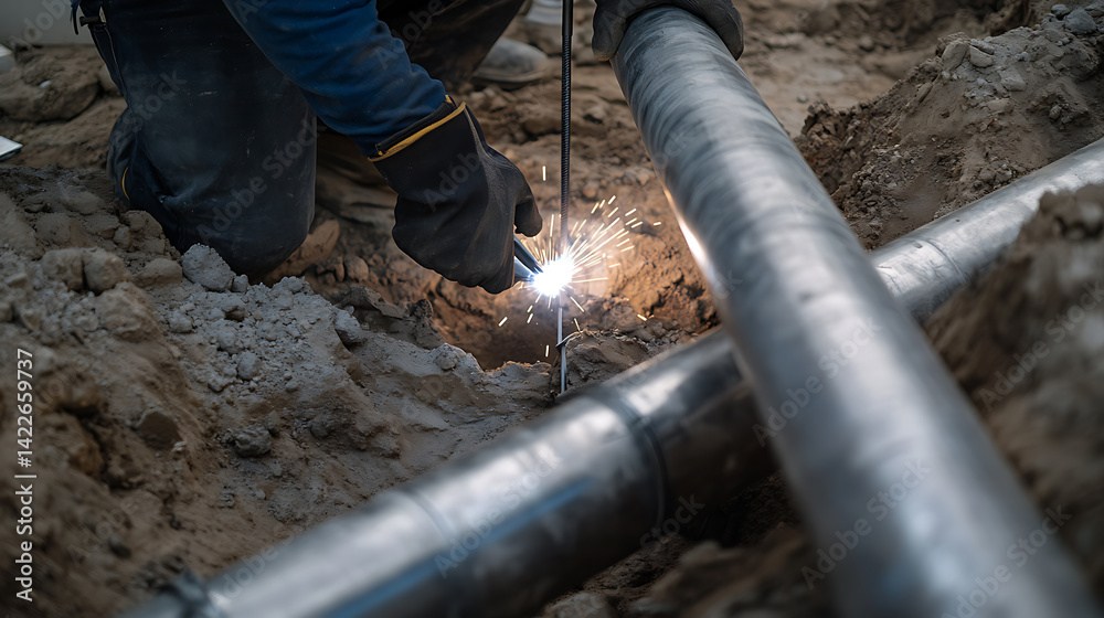 Welder Working on Underground Pipeline