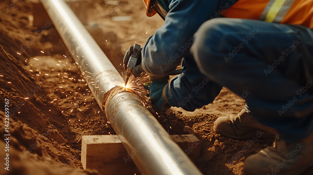 Worker Welding a Pipeline