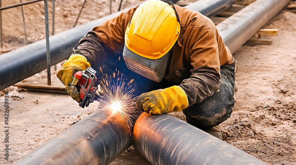 Construction Worker Welding Large Pipes