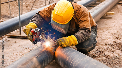 Obraz na płótnie Construction Worker Welding Large Pipes w salonie