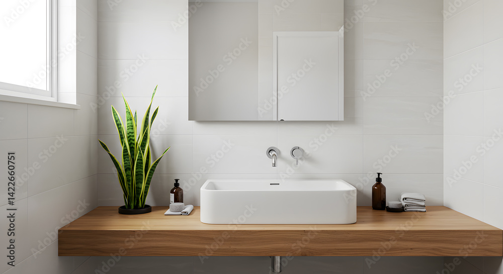 Fototapeta premium Minimalist Bathroom Vanity with Snake Plant and Light Wood Counter